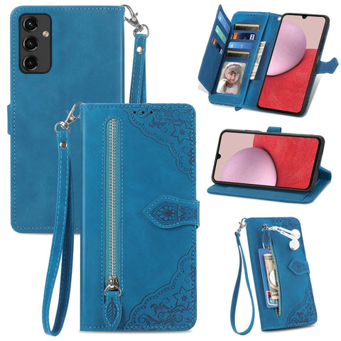 For Samsung Galaxy A14 5G Embossed Flower  Zipper Leather Phone Case, For Samsung Galaxy A14 5G