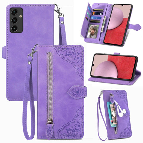 For Samsung Galaxy A14 5G Embossed Flower  Zipper Leather Phone Case, For Samsung Galaxy A14 5G