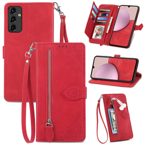 For Samsung Galaxy A14 5G Embossed Flower  Zipper Leather Phone Case, For Samsung Galaxy A14 5G