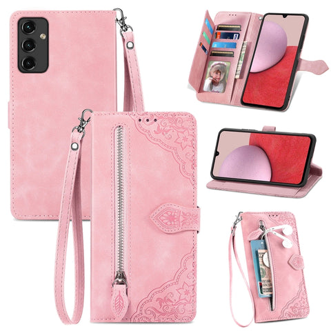 For Samsung Galaxy A14 5G Embossed Flower  Zipper Leather Phone Case, For Samsung Galaxy A14 5G