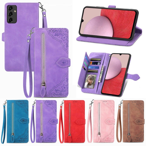 For Samsung Galaxy A14 5G Embossed Flower  Zipper Leather Phone Case, For Samsung Galaxy A14 5G