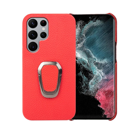 For Samsung Galaxy S22 Ultra 5G Ring Holder Litchi Texture Genuine Leather Phone Case, For Samsung Galaxy S22 Ultra 5G