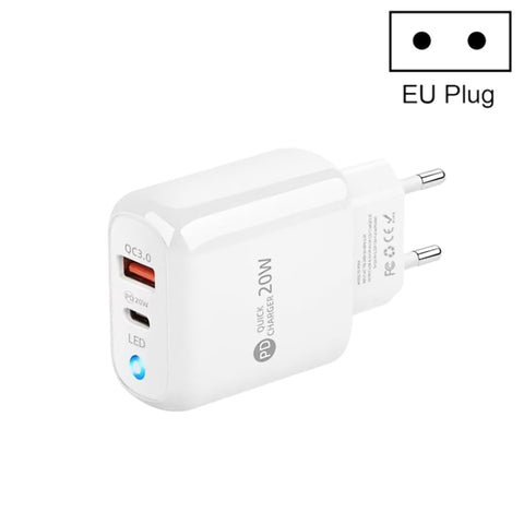 PD04 PD20W + QC18W Mobile Phone Charger with LED Indicator, EU Plug, EU Plug