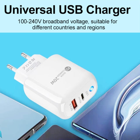 PD04 PD20W + QC18W Mobile Phone Charger with LED Indicator, EU Plug, EU Plug