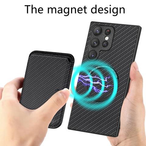 Carbon Fiber Leather Card Magsafe Magnetic Phone Case, For Samsung Galaxy S22 5G, For Samsung Galaxy S22+ 5G, For Samsung Galaxy S22 Ultra 5G, For Samsung Galaxy S21 5G, For Samsung Galaxy S21+ 5G, For Samsung Galaxy S21 Ultra 5G, For Samsung Galaxy S2...