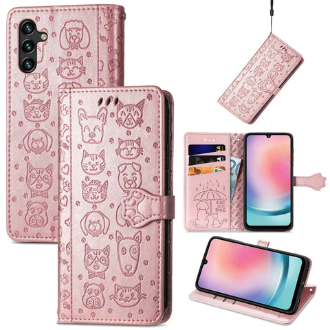 Cat and Dog Embossed Leather Phone Case, For Galaxy S26 FE 5G, For Galaxy A27 5G, For Galaxy A24 4G