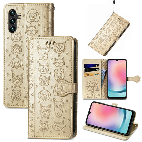 Cat and Dog Embossed Leather Phone Case, For Galaxy S26 FE 5G, For Galaxy A27 5G, For Galaxy A24 4G
