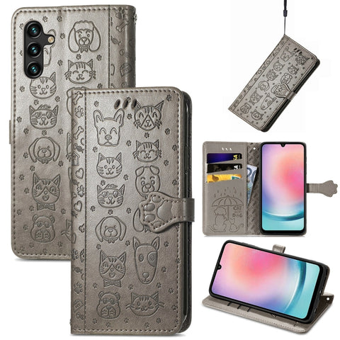 Cat and Dog Embossed Leather Phone Case, For Galaxy S26 FE 5G, For Galaxy A27 5G, For Galaxy A24 4G