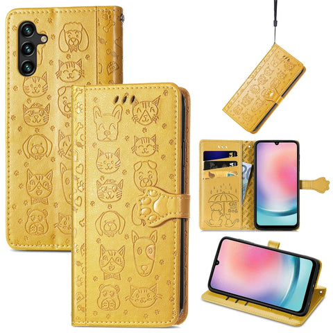 Cat and Dog Embossed Leather Phone Case, For Galaxy S26 FE 5G, For Galaxy A27 5G, For Galaxy A24 4G