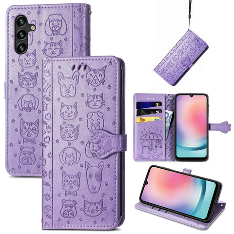 Cat and Dog Embossed Leather Phone Case, For Galaxy S26 FE 5G, For Galaxy A27 5G, For Galaxy A24 4G