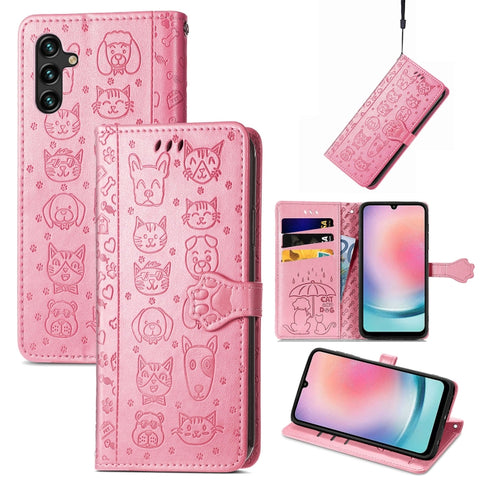 Cat and Dog Embossed Leather Phone Case, For Galaxy S26 FE 5G, For Galaxy A27 5G, For Galaxy A24 4G