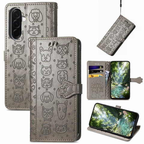 Cat and Dog Embossed Leather Phone Case, For Galaxy S26 FE 5G, For Galaxy A27 5G, For Galaxy A24 4G