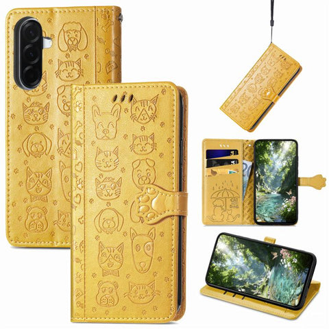 Cat and Dog Embossed Leather Phone Case, For Galaxy S26 FE 5G, For Galaxy A27 5G, For Galaxy A24 4G