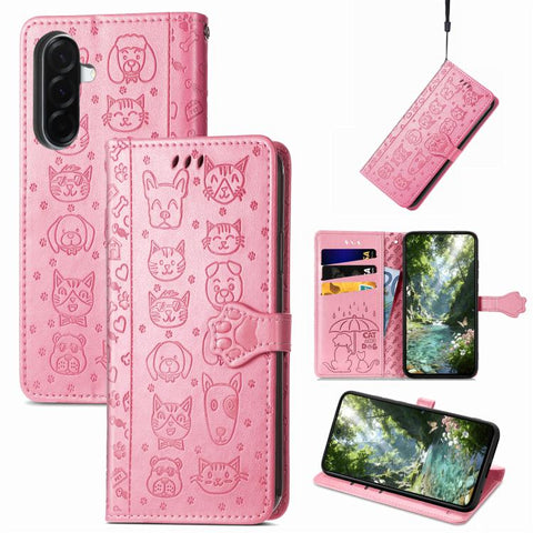 Cat and Dog Embossed Leather Phone Case, For Galaxy S26 FE 5G, For Galaxy A27 5G, For Galaxy A24 4G