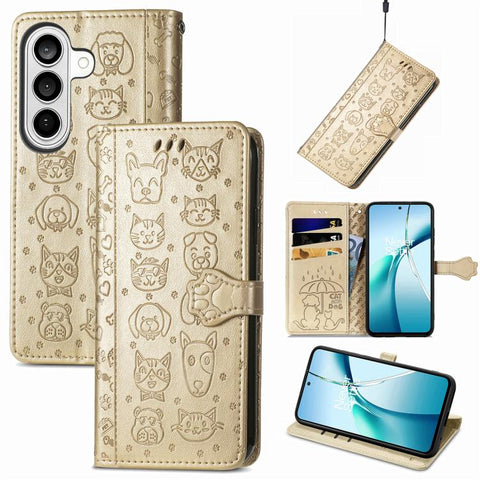Cat and Dog Embossed Leather Phone Case, For Galaxy S26 FE 5G, For Galaxy A27 5G, For Galaxy A24 4G
