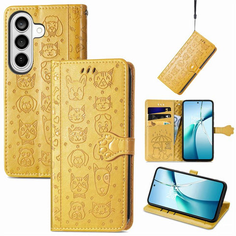 Cat and Dog Embossed Leather Phone Case, For Galaxy S26 FE 5G, For Galaxy A27 5G, For Galaxy A24 4G