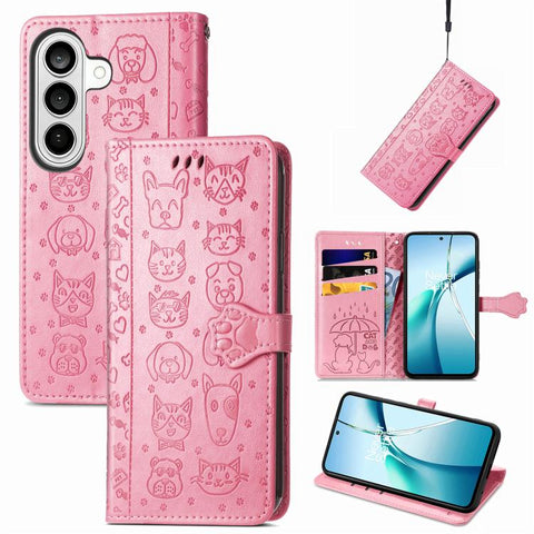 Cat and Dog Embossed Leather Phone Case, For Galaxy S26 FE 5G, For Galaxy A27 5G, For Galaxy A24 4G