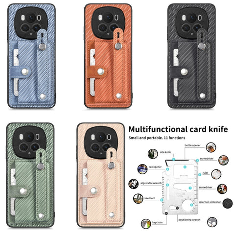 Wristband Kickstand Card Wallet Back Cover Phone Case with Tool Knife, For Honor 70