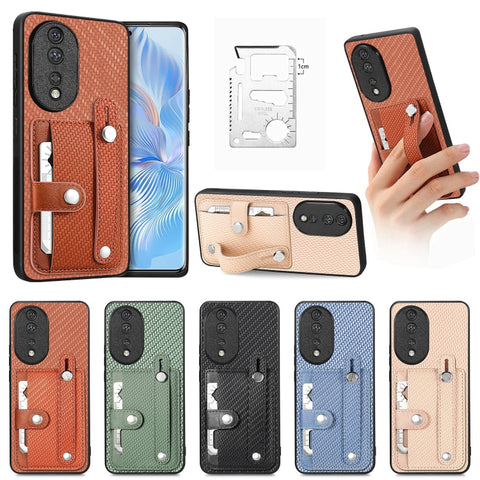 Wristband Kickstand Card Wallet Back Cover Phone Case with Tool Knife, For Honor 70