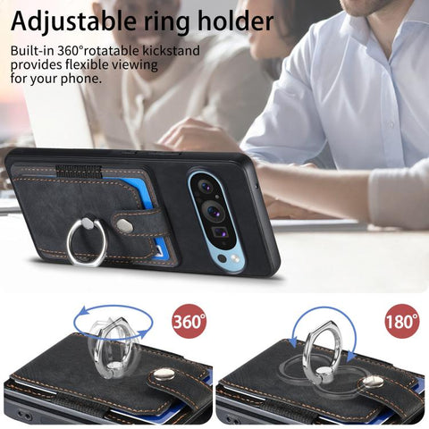 Retro Skin-feel Ring Card Wallet Phone Case, For Google Pixel 9 / 9 Pro