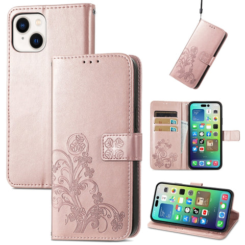 Four-leaf Clasp Embossed Buckle Leather Phone Case, For iPhone 18 Pro, For  iPhone 18 Pro Max, For iPhone 15 Pro Max, For iPhone 15 Pro, For iPhone 15 Plus, For iPhone 15