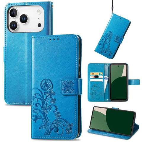Four-leaf Clasp Embossed Buckle Leather Phone Case, For iPhone 18 Pro, For  iPhone 18 Pro Max, For iPhone 15 Pro Max, For iPhone 15 Pro, For iPhone 15 Plus, For iPhone 15