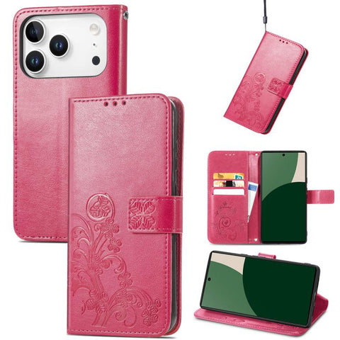 Four-leaf Clasp Embossed Buckle Leather Phone Case, For iPhone 18 Pro, For  iPhone 18 Pro Max, For iPhone 15 Pro Max, For iPhone 15 Pro, For iPhone 15 Plus, For iPhone 15