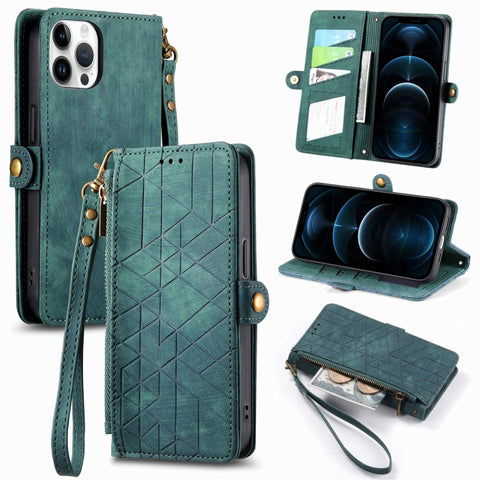 Geometric Zipper Wallet Side Buckle Leather Phone Case, For iPhone 14 Pro Max, For iPhone 7 / 8 / SE 2022, For iPhone 13 Pro Max, For iPhone 13 Pro, For iPhone 13, For iPhone 12 / 12 Pro, For iPhone 12 Pro Max, For iPhone 11 Pro Max