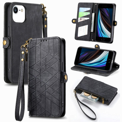 Geometric Zipper Wallet Side Buckle Leather Phone Case, For iPhone 14 Pro Max, For iPhone 7 / 8 / SE 2022, For iPhone 13 Pro Max, For iPhone 13 Pro, For iPhone 13, For iPhone 12 / 12 Pro, For iPhone 12 Pro Max, For iPhone 11 Pro Max