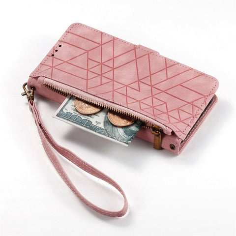 Geometric Zipper Wallet Side Buckle Leather Phone Case, For Samsung Galaxy A30