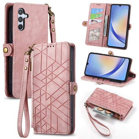 Geometric Zipper Wallet Side Buckle Leather Phone Case, For Samsung Galaxy A30