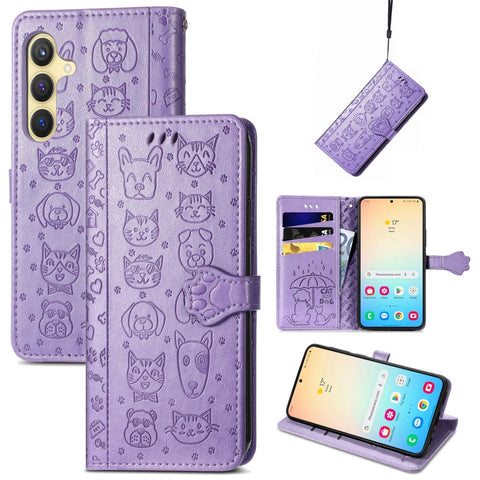 Cat and Dog Embossed Leather Phone Case, For Samsung Galaxy S26+ 5G, For Samsung Galaxy S26 Ultra 5G, For Samsung Galaxy S26 5G, For Samsung Galaxy S25 5G, For Samsung Galaxy S25+ 5G, For Samsung Galaxy S25 Ultra 5G