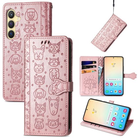 Cat and Dog Embossed Leather Phone Case, For Samsung Galaxy S26+ 5G, For Samsung Galaxy S26 Ultra 5G, For Samsung Galaxy S26 5G, For Samsung Galaxy S25 5G, For Samsung Galaxy S25+ 5G, For Samsung Galaxy S25 Ultra 5G