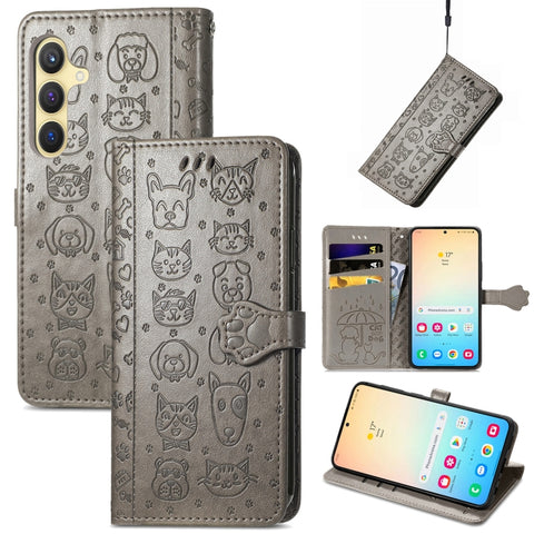 Cat and Dog Embossed Leather Phone Case, For Samsung Galaxy S26+ 5G, For Samsung Galaxy S26 Ultra 5G, For Samsung Galaxy S26 5G, For Samsung Galaxy S25 5G, For Samsung Galaxy S25+ 5G, For Samsung Galaxy S25 Ultra 5G