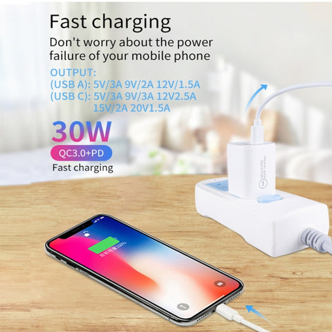 PD30W USB-C / Type-C + QC3.0 USB Dual Port Charger with 1m USB to 8 Pin Data Cable, EU Plug, US Plug, AU Plug