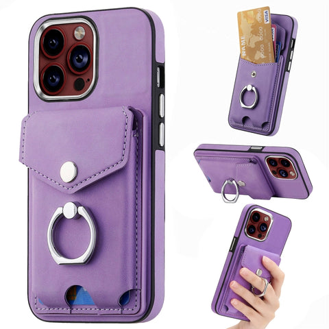 Electroplating Skin-feel Leather Ring Card Wallet Phone Case, For iPhone 15 Pro Max, For  iPhone 15 Plus, For iPhone 15 Pro, For  iPhone 15, For iPhone 14 Pro, For  iPhone 14 Pro Max