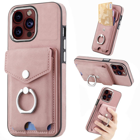 Electroplating Skin-feel Leather Ring Card Wallet Phone Case, For iPhone 15 Pro Max, For  iPhone 15 Plus, For iPhone 15 Pro, For  iPhone 15, For iPhone 14 Pro, For  iPhone 14 Pro Max