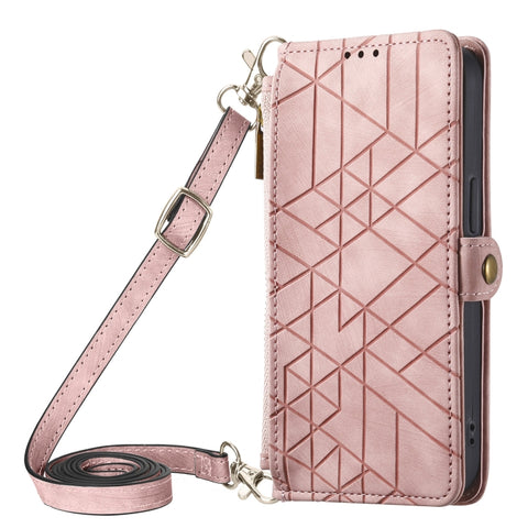 Geometric Zipper Wallet Side Buckle Leather Phone Case with Crossbody Lanyard, For  iPhone 15 Pro Max, For iPhone 15 Pro, For iPhone 15 Plus, For iPhone 15, For iPhone 14 Plus, For iPhone 14, For iPhone 14 Pro, For iPhone 14 Pro Max