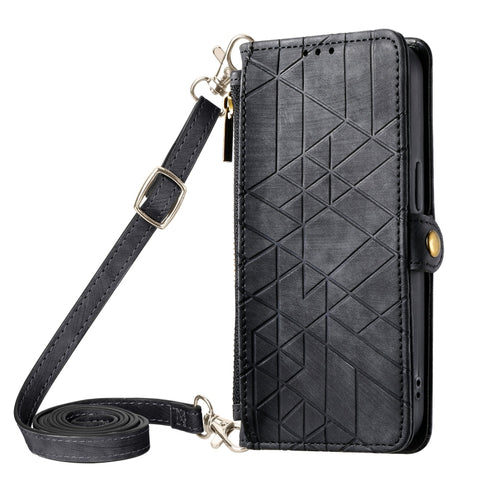 Geometric Zipper Wallet Side Buckle Leather Phone Case with Crossbody Lanyard, For  iPhone 15 Pro Max, For iPhone 15 Pro, For iPhone 15 Plus, For iPhone 15, For iPhone 14 Plus, For iPhone 14, For iPhone 14 Pro, For iPhone 14 Pro Max