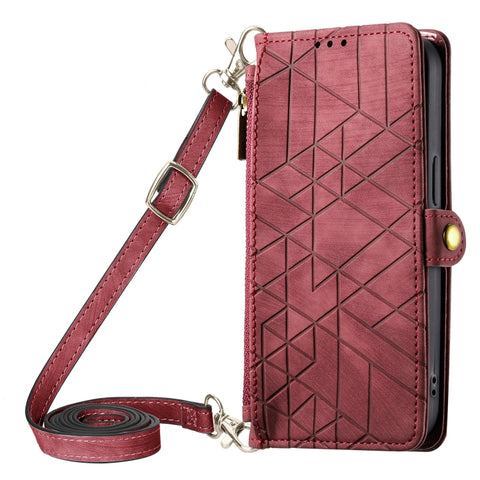 Geometric Zipper Wallet Side Buckle Leather Phone Case with Crossbody Lanyard, For  iPhone 15 Pro Max, For iPhone 15 Pro, For iPhone 15 Plus, For iPhone 15, For iPhone 14 Plus, For iPhone 14, For iPhone 14 Pro, For iPhone 14 Pro Max