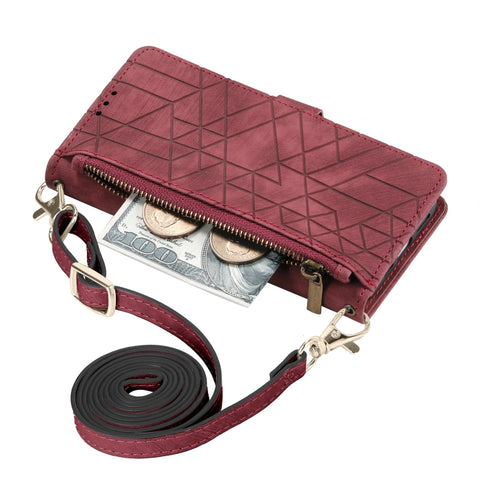 Geometric Zipper Wallet Side Buckle Leather Phone Case with Crossbody Lanyard, For  iPhone 15 Pro Max, For iPhone 15 Pro, For iPhone 15 Plus, For iPhone 15, For iPhone 14 Plus, For iPhone 14, For iPhone 14 Pro, For iPhone 14 Pro Max