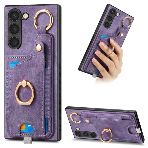 Retro Skin-feel Ring Card Bag Phone Case with Hang Loop, For Samsung Galaxy A04e, For Samsung Galaxy S23 Ultra 5G, For Samsung Galaxy S23+ 5G, For Samsung Galaxy A04 4G, For Samsung Galaxy M53 5G, For Samsung Galaxy M33 5G, For Samsung Galaxy A73 5G   ...
