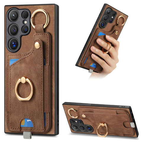 Retro Skin-feel Ring Card Bag Phone Case with Hang Loop, For Samsung Galaxy A04e, For Samsung Galaxy S23 Ultra 5G, For Samsung Galaxy S23+ 5G, For Samsung Galaxy A04 4G, For Samsung Galaxy M53 5G, For Samsung Galaxy M33 5G, For Samsung Galaxy A73 5G   ...