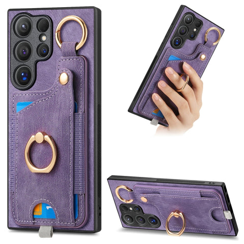 Retro Skin-feel Ring Card Bag Phone Case with Hang Loop, For Samsung Galaxy A04e, For Samsung Galaxy S23 Ultra 5G, For Samsung Galaxy S23+ 5G, For Samsung Galaxy A04 4G, For Samsung Galaxy M53 5G, For Samsung Galaxy M33 5G, For Samsung Galaxy A73 5G   ...