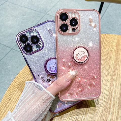 Gradient Glitter Immortal Flower Ring All-inclusive Phone Case, For iPhone 16 Pro Max, For iPhone 16 Pro, For iPhone 16 Plus, For iPhone 16