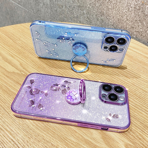 Gradient Glitter Immortal Flower Ring All-inclusive Phone Case, For iPhone 16 Pro Max, For iPhone 16 Pro, For iPhone 16 Plus, For iPhone 16