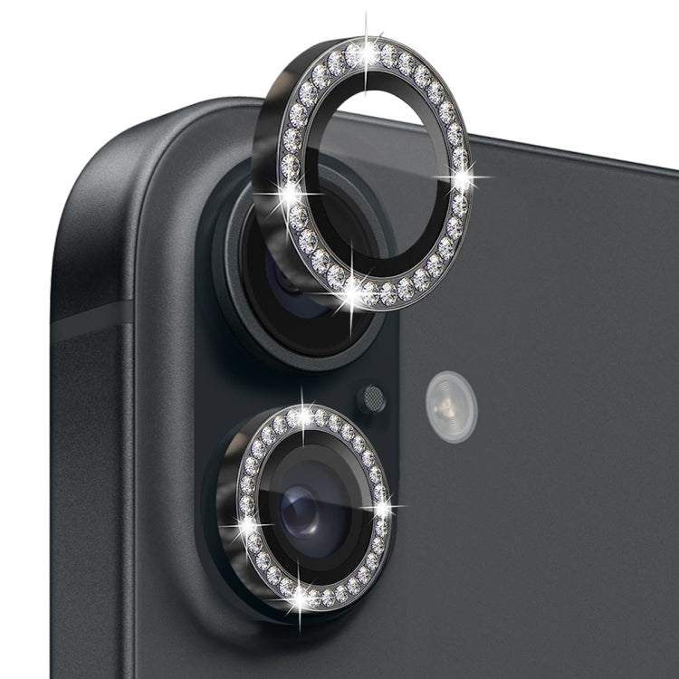 NORTHJO Rhinestone Camera Lens Protector Tempered Glass Metal Ring Film, For iPhone 16 / 16 Plus
