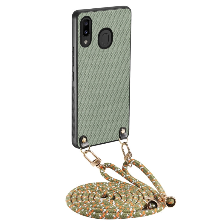 Carbon Fiber Texture Leather Back Cover Phone Case with Crossbody Strap, For Samsung Galaxy A30 / A20