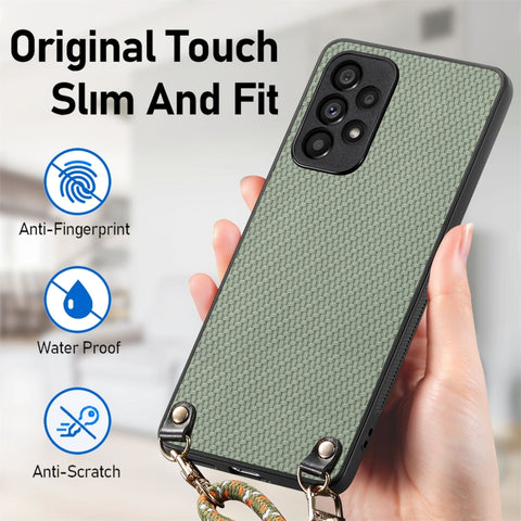 Carbon Fiber Texture Leather Back Cover Phone Case with Crossbody Strap, For Samsung Galaxy A30 / A20
