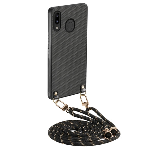 Carbon Fiber Texture Leather Back Cover Phone Case with Crossbody Strap, For Samsung Galaxy A30 / A20